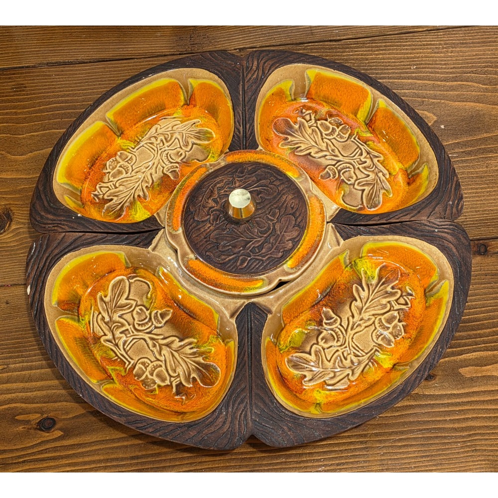 VTG MCM 60s Boho Kitsch Ceramic Chip/Dip Set Orange Drip Glaze Oak Leaf Acorn